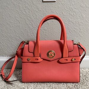 Michael Kors Carmen Grapefruit Pink Belted Satchel with gold hardware